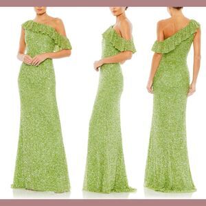 NWT $498‎ Mac Duggal [ 2 ] Sequined Drop Shoulder Trumpet Gown Lime Green #G1846